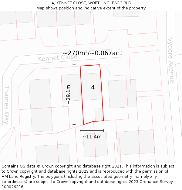 4, KENNET CLOSE, WORTHING, BN13 3LD: Plot and title map