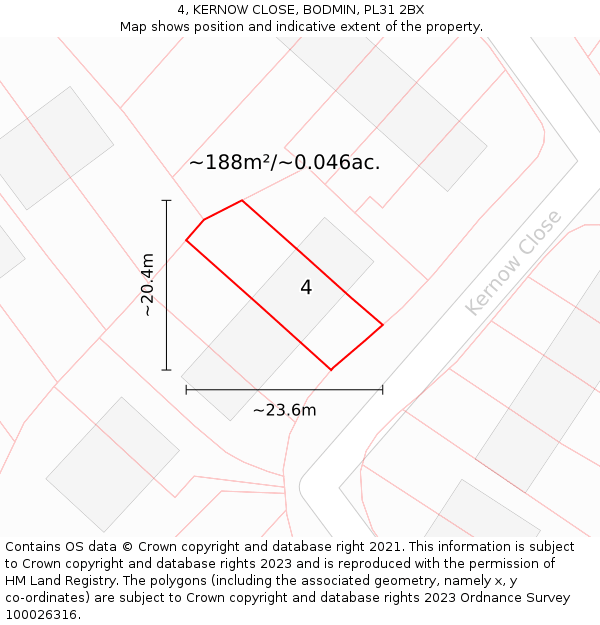 4, KERNOW CLOSE, BODMIN, PL31 2BX: Plot and title map