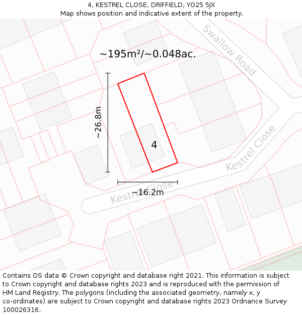 4, KESTREL CLOSE, DRIFFIELD, YO25 5JX: Plot and title map