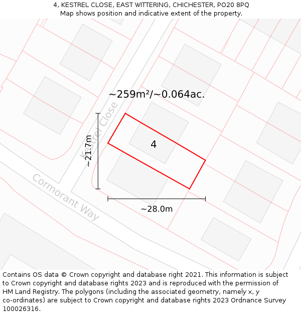 4, KESTREL CLOSE, EAST WITTERING, CHICHESTER, PO20 8PQ: Plot and title map