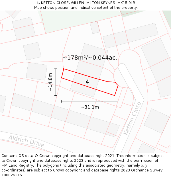 4, KETTON CLOSE, WILLEN, MILTON KEYNES, MK15 9LR: Plot and title map