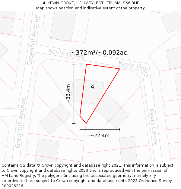 4, KEVIN GROVE, HELLABY, ROTHERHAM, S66 8HF: Plot and title map