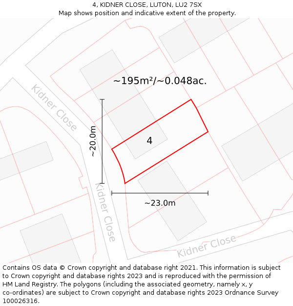 4, KIDNER CLOSE, LUTON, LU2 7SX: Plot and title map
