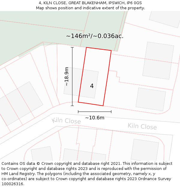 4, KILN CLOSE, GREAT BLAKENHAM, IPSWICH, IP6 0GS: Plot and title map