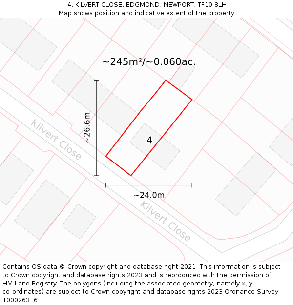 4, KILVERT CLOSE, EDGMOND, NEWPORT, TF10 8LH: Plot and title map