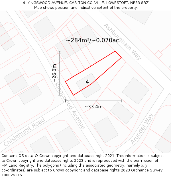 4, KINGSWOOD AVENUE, CARLTON COLVILLE, LOWESTOFT, NR33 8BZ: Plot and title map