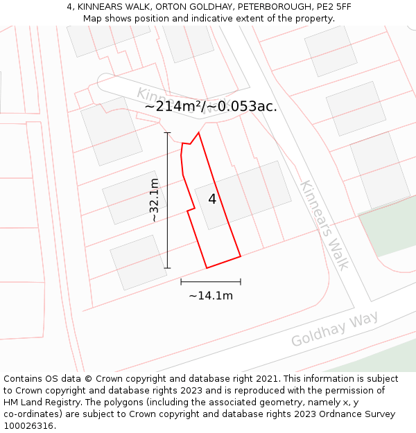 4, KINNEARS WALK, ORTON GOLDHAY, PETERBOROUGH, PE2 5FF: Plot and title map