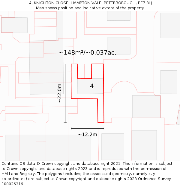 4, KNIGHTON CLOSE, HAMPTON VALE, PETERBOROUGH, PE7 8LJ: Plot and title map
