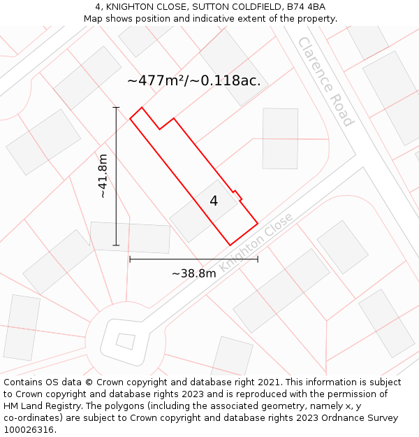 4, KNIGHTON CLOSE, SUTTON COLDFIELD, B74 4BA: Plot and title map