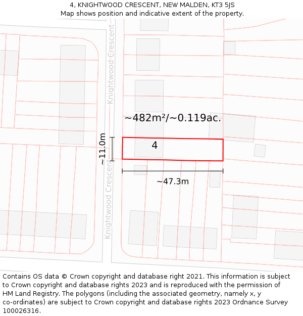 4, KNIGHTWOOD CRESCENT, NEW MALDEN, KT3 5JS: Plot and title map
