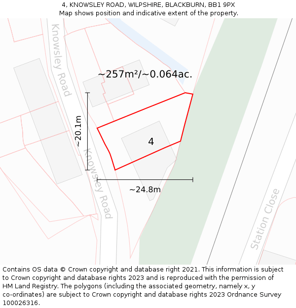 4, KNOWSLEY ROAD, WILPSHIRE, BLACKBURN, BB1 9PX: Plot and title map