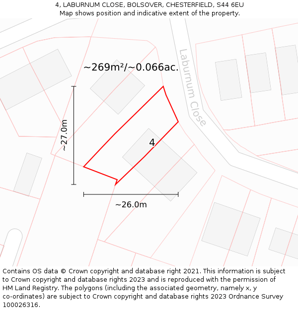 4, LABURNUM CLOSE, BOLSOVER, CHESTERFIELD, S44 6EU: Plot and title map