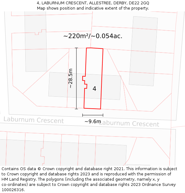4, LABURNUM CRESCENT, ALLESTREE, DERBY, DE22 2GQ: Plot and title map