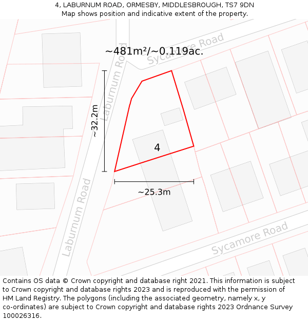4, LABURNUM ROAD, ORMESBY, MIDDLESBROUGH, TS7 9DN: Plot and title map