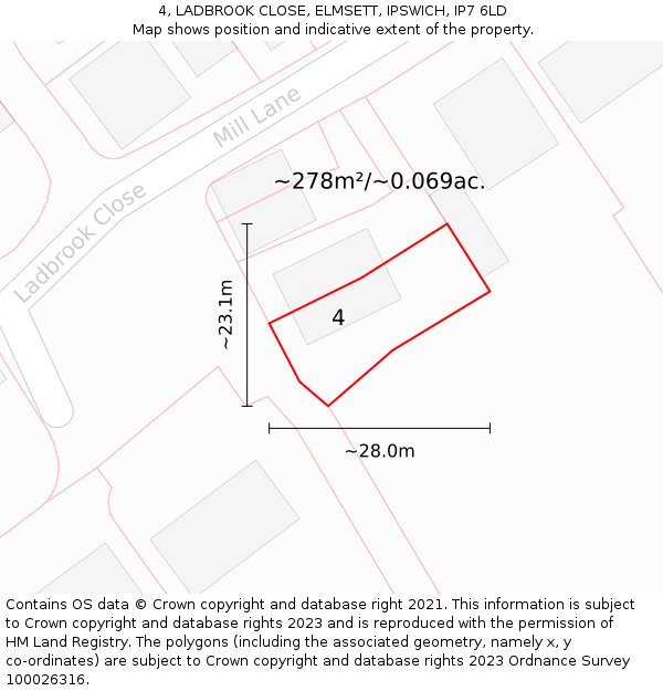4, LADBROOK CLOSE, ELMSETT, IPSWICH, IP7 6LD: Plot and title map