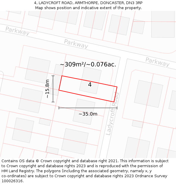 4, LADYCROFT ROAD, ARMTHORPE, DONCASTER, DN3 3RP: Plot and title map