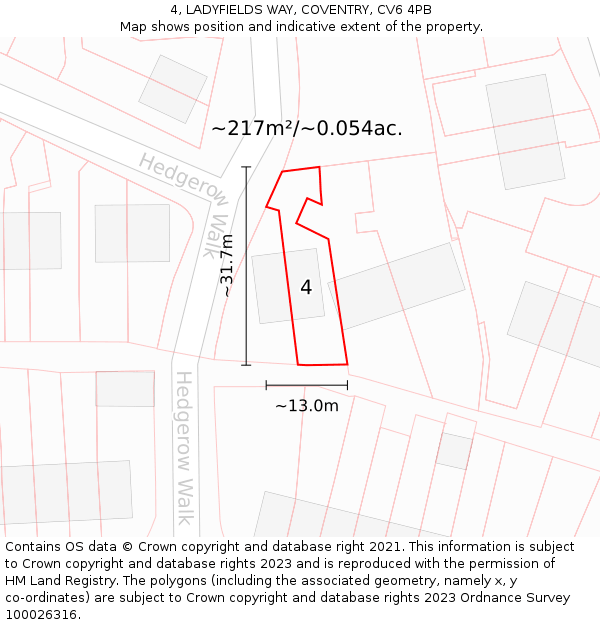 4, LADYFIELDS WAY, COVENTRY, CV6 4PB: Plot and title map
