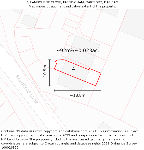 4, LAMBOURNE CLOSE, FARNINGHAM, DARTFORD, DA4 0AG: Plot and title map