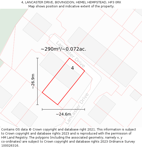 4, LANCASTER DRIVE, BOVINGDON, HEMEL HEMPSTEAD, HP3 0RX: Plot and title map