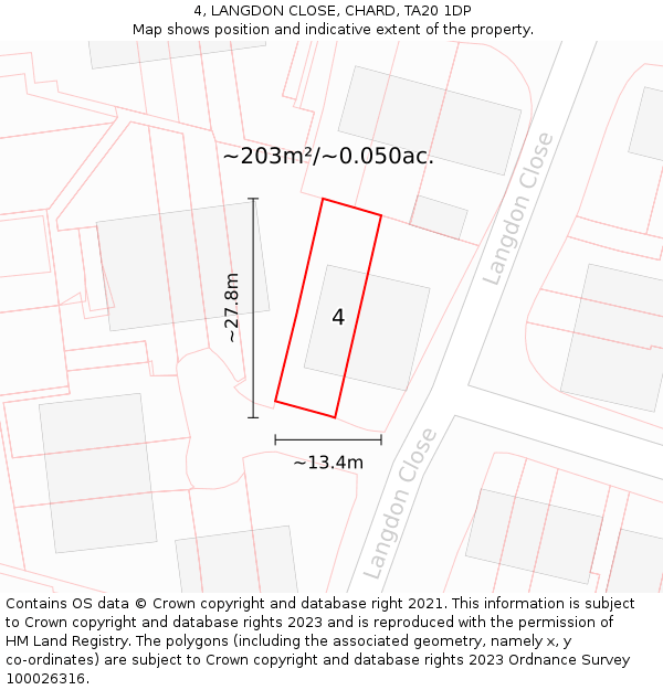 4, LANGDON CLOSE, CHARD, TA20 1DP: Plot and title map