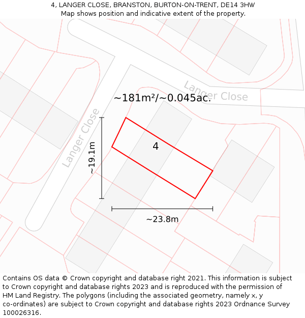 4, LANGER CLOSE, BRANSTON, BURTON-ON-TRENT, DE14 3HW: Plot and title map