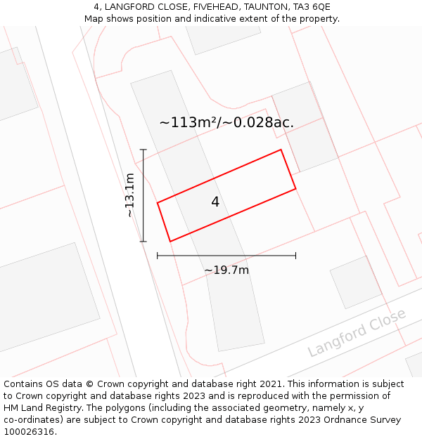 4, LANGFORD CLOSE, FIVEHEAD, TAUNTON, TA3 6QE: Plot and title map