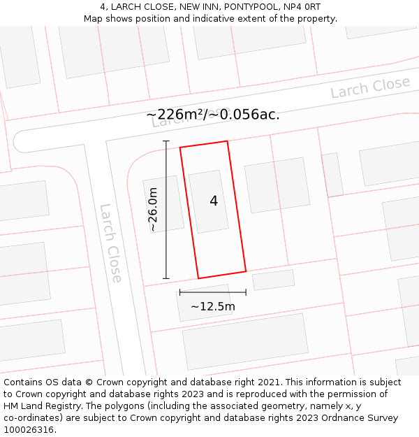 4, LARCH CLOSE, NEW INN, PONTYPOOL, NP4 0RT: Plot and title map