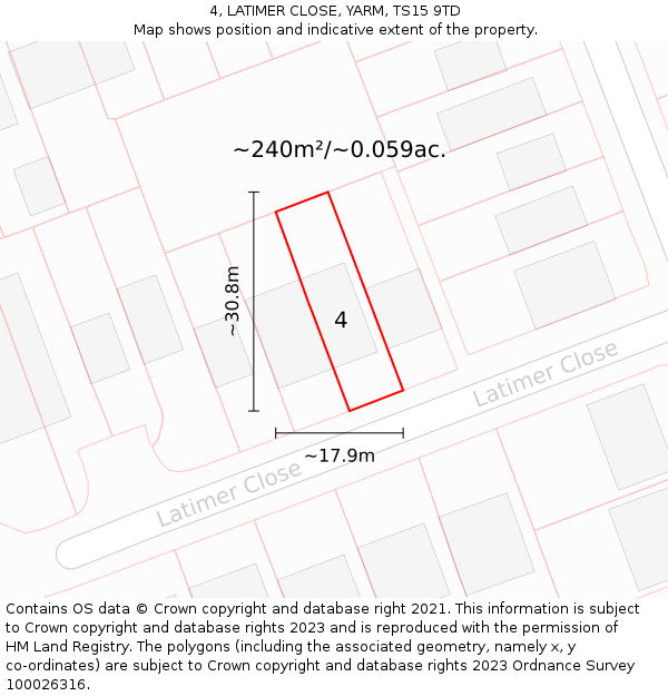 4, LATIMER CLOSE, YARM, TS15 9TD: Plot and title map