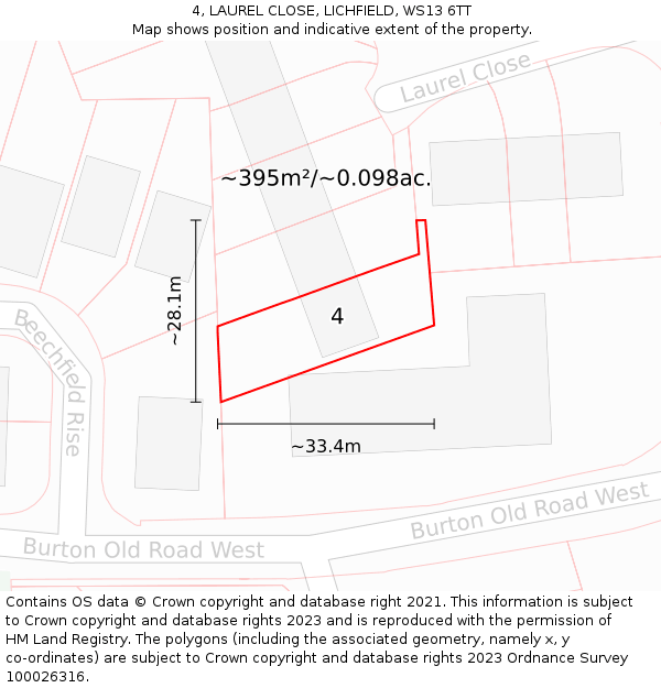 4, LAUREL CLOSE, LICHFIELD, WS13 6TT: Plot and title map