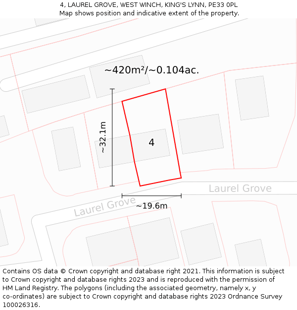 4, LAUREL GROVE, WEST WINCH, KING'S LYNN, PE33 0PL: Plot and title map