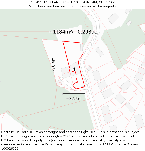 4, LAVENDER LANE, ROWLEDGE, FARNHAM, GU10 4AX: Plot and title map