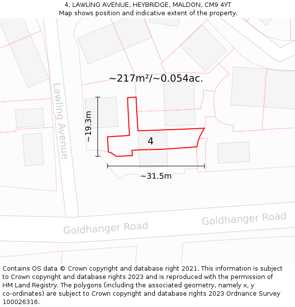 4, LAWLING AVENUE, HEYBRIDGE, MALDON, CM9 4YT: Plot and title map