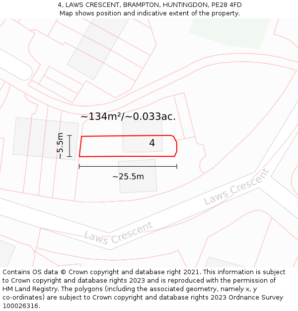 4, LAWS CRESCENT, BRAMPTON, HUNTINGDON, PE28 4FD: Plot and title map