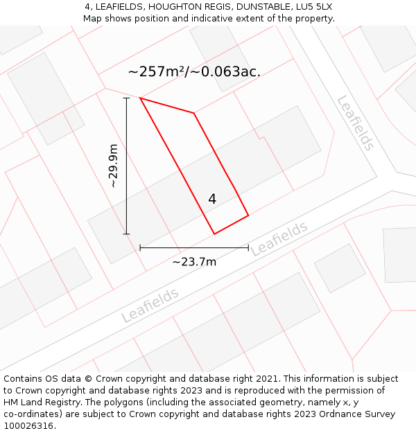 4, LEAFIELDS, HOUGHTON REGIS, DUNSTABLE, LU5 5LX: Plot and title map