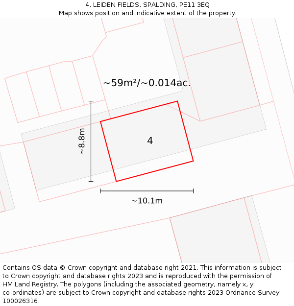 4, LEIDEN FIELDS, SPALDING, PE11 3EQ: Plot and title map