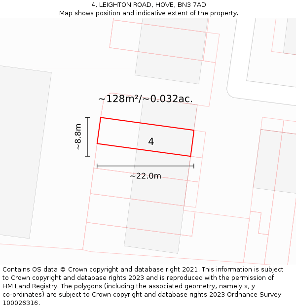4, LEIGHTON ROAD, HOVE, BN3 7AD: Plot and title map