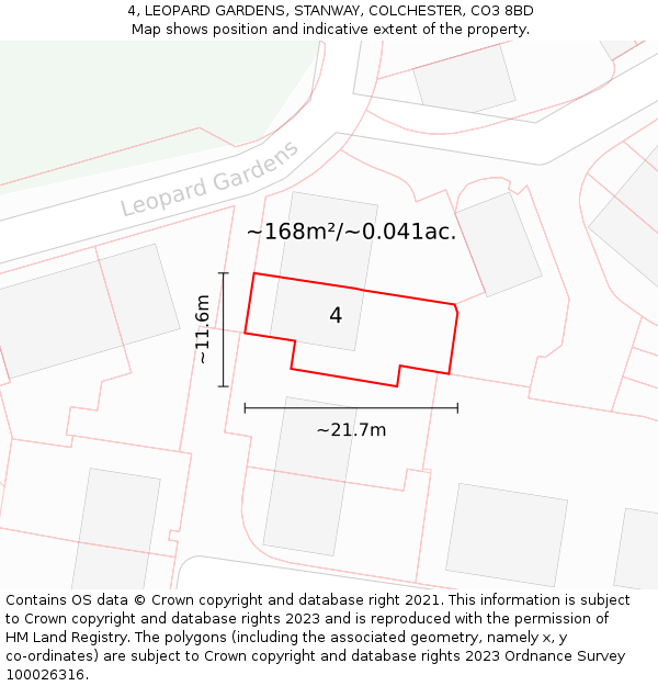 4, LEOPARD GARDENS, STANWAY, COLCHESTER, CO3 8BD: Plot and title map