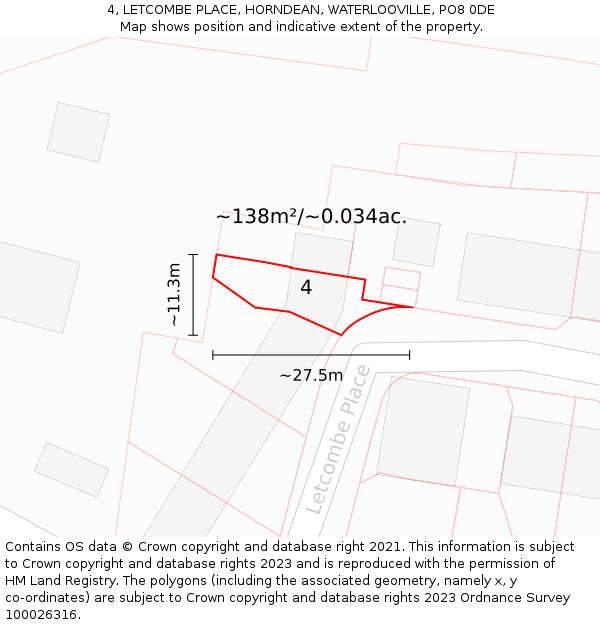 4, LETCOMBE PLACE, HORNDEAN, WATERLOOVILLE, PO8 0DE: Plot and title map
