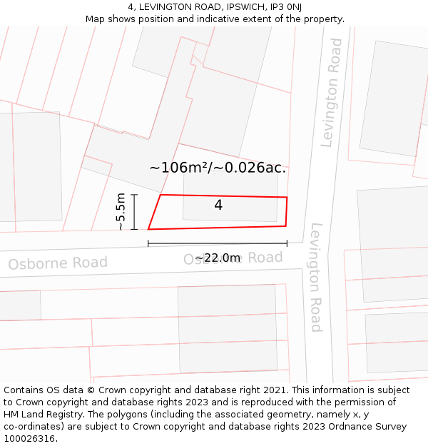 4, LEVINGTON ROAD, IPSWICH, IP3 0NJ: Plot and title map