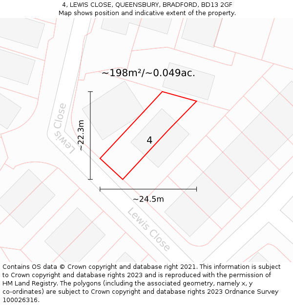 4, LEWIS CLOSE, QUEENSBURY, BRADFORD, BD13 2GF: Plot and title map