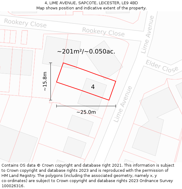 4, LIME AVENUE, SAPCOTE, LEICESTER, LE9 4BD: Plot and title map