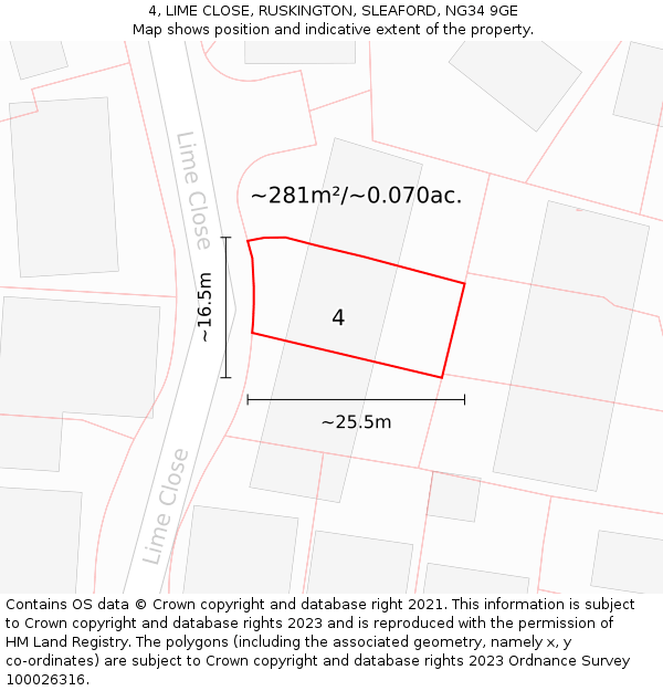 4, LIME CLOSE, RUSKINGTON, SLEAFORD, NG34 9GE: Plot and title map