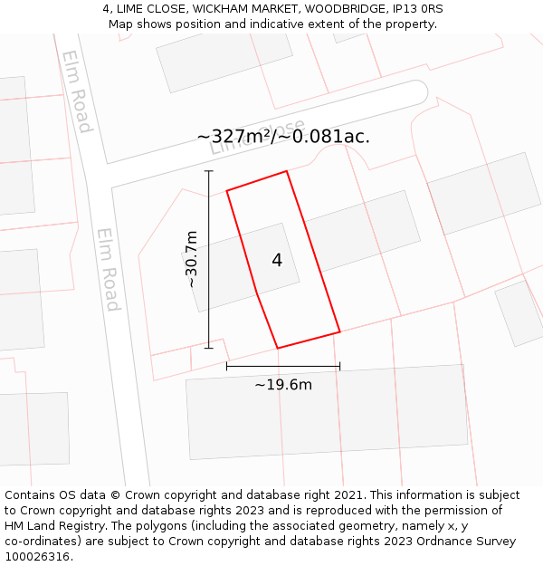 4, LIME CLOSE, WICKHAM MARKET, WOODBRIDGE, IP13 0RS: Plot and title map