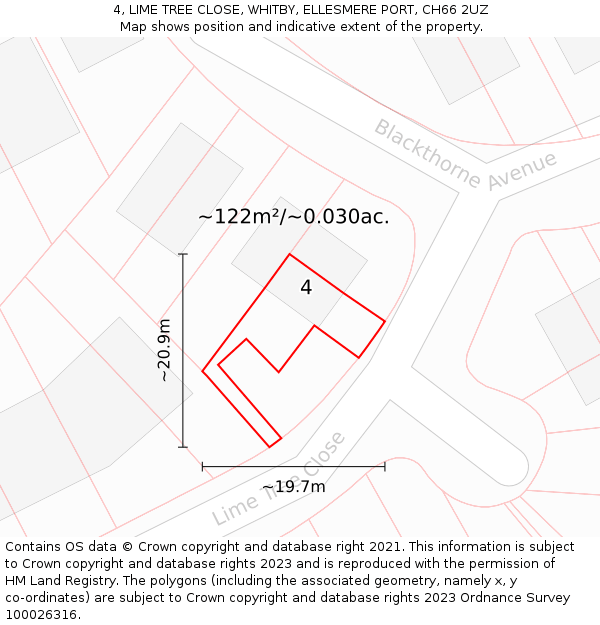 4, LIME TREE CLOSE, WHITBY, ELLESMERE PORT, CH66 2UZ: Plot and title map