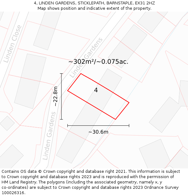 4, LINDEN GARDENS, STICKLEPATH, BARNSTAPLE, EX31 2HZ: Plot and title map