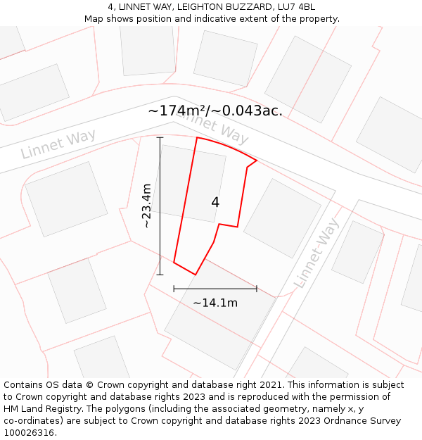 4, LINNET WAY, LEIGHTON BUZZARD, LU7 4BL: Plot and title map