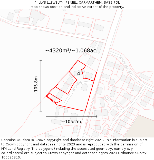 4, LLYS LLEWELYN, PENIEL, CARMARTHEN, SA32 7DL: Plot and title map