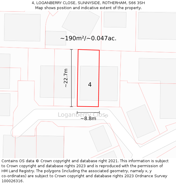 4, LOGANBERRY CLOSE, SUNNYSIDE, ROTHERHAM, S66 3SH: Plot and title map