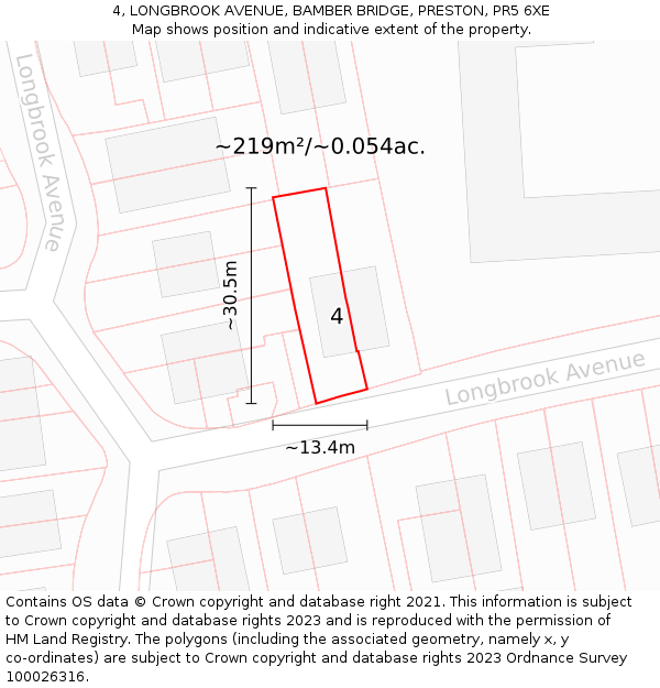 4, LONGBROOK AVENUE, BAMBER BRIDGE, PRESTON, PR5 6XE: Plot and title map