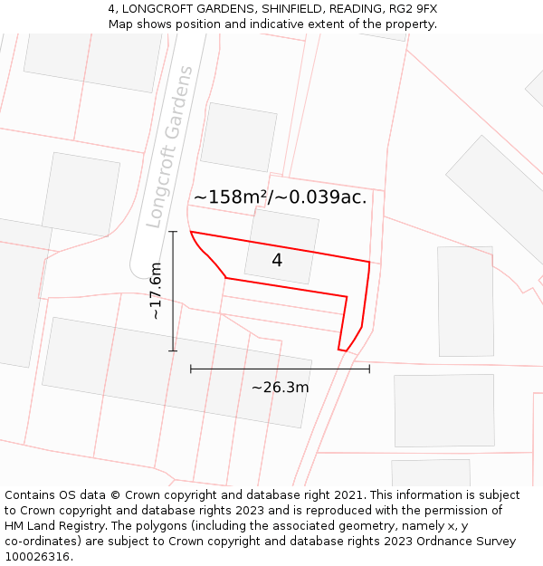 4, LONGCROFT GARDENS, SHINFIELD, READING, RG2 9FX: Plot and title map